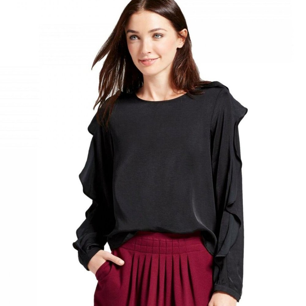 A New Day Black Long Ruffle Sleeve Blouse S